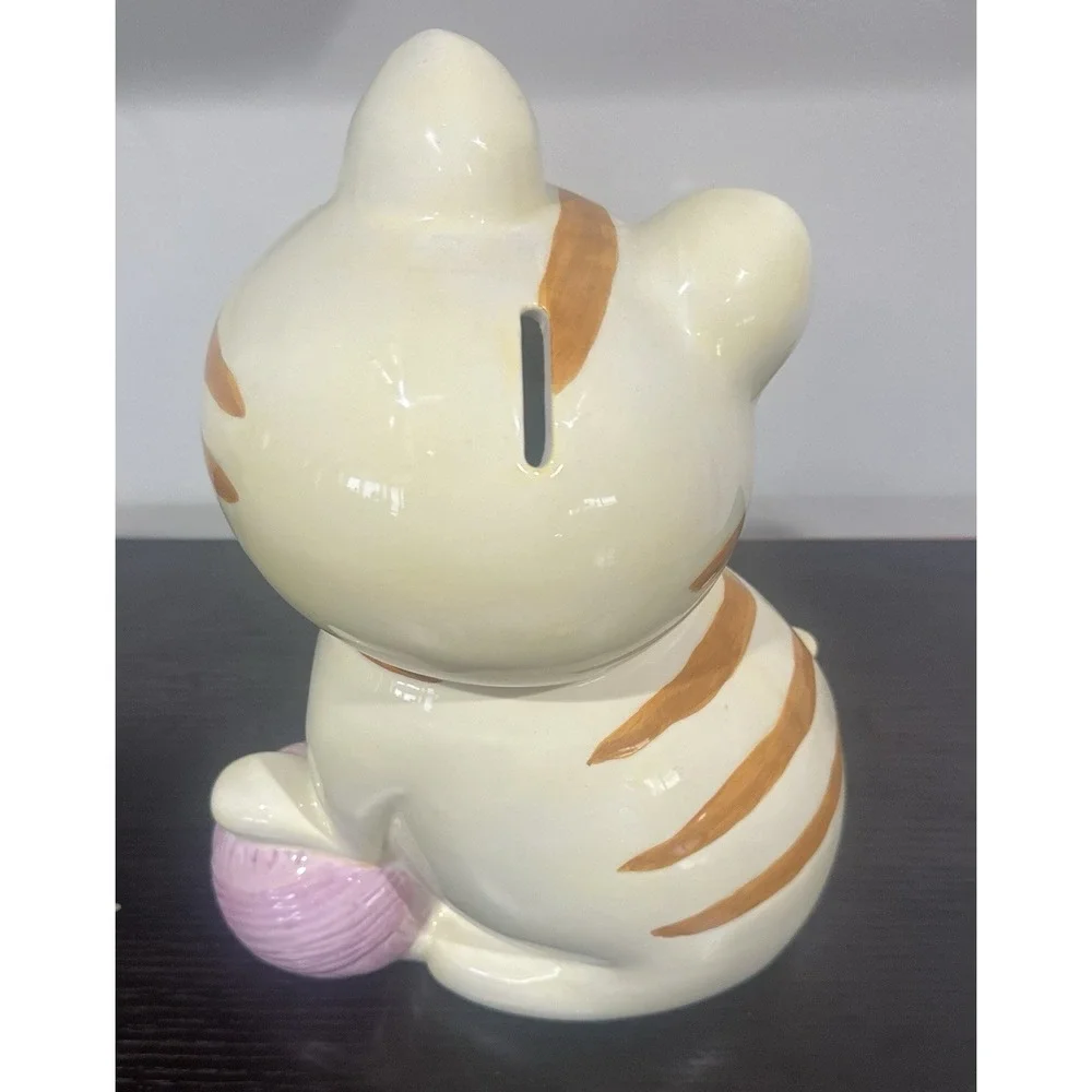 Ceramic Winking Striped Cat Piggy Bank Kitty Kitten Flower Yarn 12